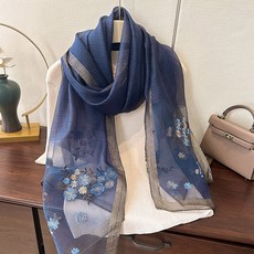 AnnaSofia 桑蠶絲真絲羊毛混紡披肩絲巾圍巾-酚落花梅 現貨(深謐藍系)