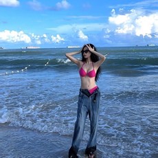 PINK 純欲風粉色顯白立體大蝴蝶結泳衣女 辣妹小胸鋼託聚攏比基尼, 玫紅硬包比基尼,L