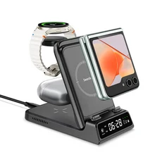 스완스카우트 703F 갤럭시 Z플립 전용 3in1 무선충전기 접이식 충전 거치대 워치+이어폰 동시충전 갤럭시S 시리즈 호환 디지털 시계 표시, 1개, 블랙