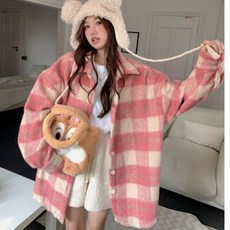 스트리트 핑크 체크 무늬 모직 코트 여성 가을 겨울 디자인 감각 루즈핏 모직 코트