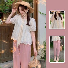 임산부 여름 세트 캐주얼 자수 블라우스 반팔티 하이웨이스트 팬츠 상하의 투피스 기질 임부복 세트 JZZN