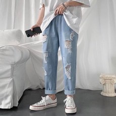 인어미남 남성 찢청 청바지 여름 와이드 스트레이트 캐주얼 9부 데님 팬츠