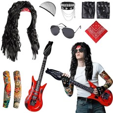 남성용 80년대 로커 의상 8피스 록스타 코스튬 액세서리 히피 가발 헤어넷 공기 주입식 기타 스팀펑크 장갑 반다나 타투 슬리브 선글라스 펑크 파티용 팔찌 (블랙