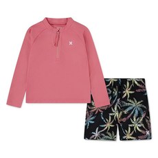 Hurley 유니 아동용 영유아 남아용 긴소매 래쉬가드 수영복 투피스 의상 세트 레드/멀티 손바닥 134244