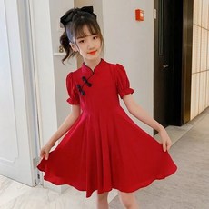 AQWA 女童旗袍裙 泡泡袖 國風紅色連衣裙