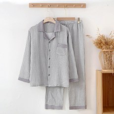 廠家直供純棉男士睡衣套裝寬鬆春秋雙層紗布大碼全棉縐布長袖批發