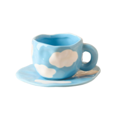 [국내배송][집들이선물] 홈카페 어글리 찻잔+컵 받침 세트, 1세트, 구름하늘