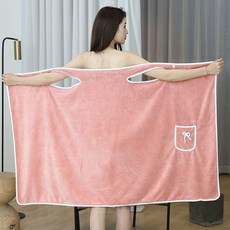 無品牌 可穿戴式浴巾 吊帶浴裙 中厚成人浴巾, 大碼 65.0-80.0公斤可穿 ,粉色 口袋款
