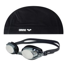Arena 彈力泳帽黑色+銀色鏡面泳鏡 SGT-601M, 泳帽黑色+泳鏡黑色