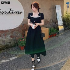 DFMEI 반팔 프렌치 트리밍 원피스 여자 날씬해 보이는 스퀘어넥 퍼프소매 롱스커트