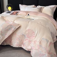 妃雪森 冰絲四件套，2025新款輕奢高級感，絲滑被套床單, 奢刺繡天絲-白+粉-送精品包裝,單品：純色牀單【245x250】
