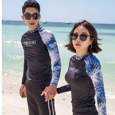 TUBE TREE 情侶款長袖防曬印花撞色潛水衣水母衣, 女L(四件套49-57kg)現貨