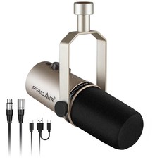 PROAR XLR/USB 다이내믹 마이크 팟캐스트용 PC 컴퓨터 보컬 녹음 라이브 스트리밍 게임 보이스 오버 노이즈 캔슬링 기능이 있는 올 메탈 프로페셔널 스튜디오 마이크, Gold