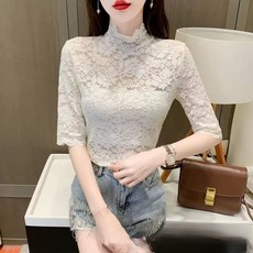 플라워 레이스 반목 레이어드 시스루 반팔 이너 5부 블라우스