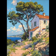 梵高海邊房子 DIY數字油畫手工塗色按數字填色油彩畫裝飾畫, 1個, 4,30*40繃框內框+顏料畫筆+包裝
