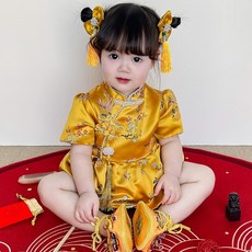 女寶寶週歲禮服 黃色中式旗袍 兒童唐裝 包屁衣