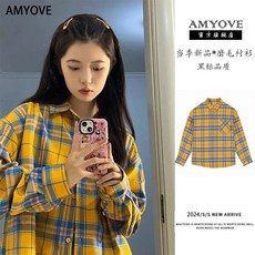 AMYOVE多巴胺黃色格子襯衫春秋季新款寬鬆慵懶風長袖襯衣學生 上衣