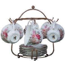 玫瑰花園新骨瓷咖啡杯組，六杯六盤附杯架，精緻骨瓷下午茶具，玫瑰花園系列，品味生活首選。, 玫瑰花款, 1套裝