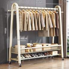 심플 스탠드 행거 옷걸이 선반형 이동식 옷수납 정리 행거 침실 드레스룸 정리대, 우유화이트 150x150 바퀴포함 이중