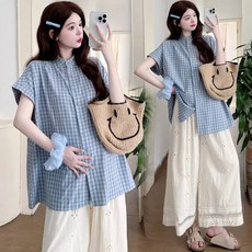 패션 임부복 상하의 세트 봄 여름 임산부 캐주얼 기질 체크 셔츠 상의 + 와이드 팬츠 루즈핏 슬림핏 투피스 WMY