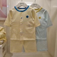 아가방 NC엑스코점 2026 여름신상! 부드러운 촉감 무형광 면100% 스트라이프패턴 귀여운 스마일 루디 7부 내의! 아기 실내복 유아 칠부 상하세트 출산선물! 90부터는 어깨단추