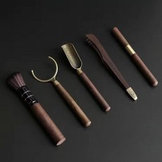 【 199出貨】高端茶夾 功夫茶杯鑷子 茶夾子 茶具配件 實木茶叶夾子 喝茶工具, 黑檀茶夾+養壺筆+茶勺+杯叉+茶刀, 1個