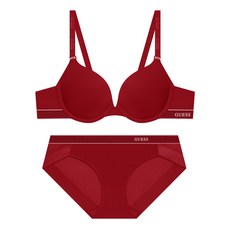 게스언더웨어 클리어 로고 와이어 브라 팬티 세트 - 레드