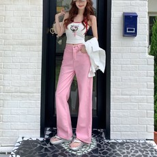 투니스 여성 하이웨이스트 스트레이트 와이드 데님 긴바지