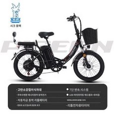 2인승 전기자전거 캐주얼 전동바이크 리튬배터리 가변속도 스쿠터, 48V, 20AH, E.블랙/20인치-7단 신장140~160