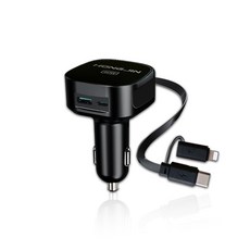 HONG JIN 宏晉 二合一車用充電器 60W車充 自帶快充線 PD快充 QC智慧分流 支援多設備 BSMI認證, Black, C1260-AC