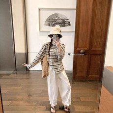 Yellwel 여성용 여름 긴팔 줄무늬 티셔츠 DJP