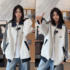 cleanfit 美式條紋休閒開衫衛衣，春秋學院風情侶運動夾克外套