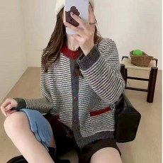 투니스 여성 빈티지 루즈핏 배색 스트라이프 니트 가디건