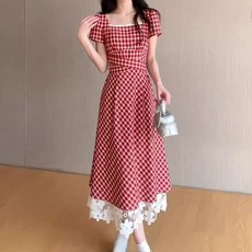 法式格子蕾絲拼接連衣裙, DMJ1421紅色