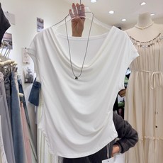 모달 차이나넥 반팔티셔츠 여한판 셔링 조임 허리가 날씬해 보이는 언밸런스 톱