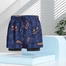 男士泳衣套裝 平角假兩件 印花運動短褲