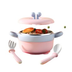 JoyBaby 316不鏽鋼寶寶輔食碗 注水隔熱保溫 防摔吸盤勺叉組, 316l不鏽鋼 蜜桃粉, 1個, 如圖所示