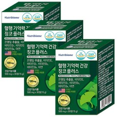 뉴트리바이옴 징코 플러스 기억력 개선 * 혈행 개선에 도움을 줄 수 있음 세포및 혈액 생성이 필요한 영양제 은행잎추출물120mg 비타민E 비타민B6 엽산 아연, 30정, 3개