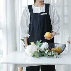NENAI 린넨 롱기장 앞트임 워피스형 앞치마, 블랙, 4개