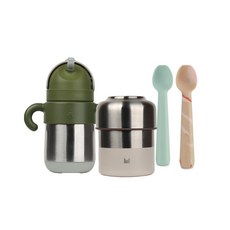 MEROWARE OUTDOOR LILY副食品燜燒罐組 含MATT兒童保溫水壺與GARY矽膠學習湯匙 外出用餐保溫保冷, 1個, 大象灰+抹茶綠,可可+奶油白, 大象灰+抹茶綠, 270ml