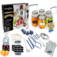 캐닝 초보자를 위한 스타터 키트 캐닝 랙 키트 12개 실리콘 오븐 장갑 자르 터 펀넬 렌치 통 뚜껑 버블 포퍼 라벨 래들 계량 스푼-G12-블루