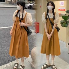 임산부 세트 봄 여름 캐주얼 임부 멜빵 원피스 반팔 티셔츠 투피스 세트 기질 순면 임부복 JZZN