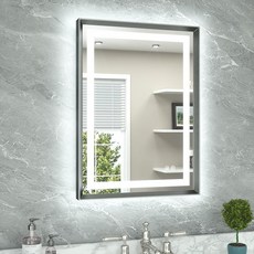 TETOTE 55.9 x 76.2cm(22 30인치) 욕실 LED 거울 브러시드 건메탈 그레이 프레임 전면 조명 및 백라이트 화장대 김 서림 방지 무단계 조도 조절 가능 3가지