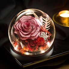 永生玫瑰玻璃罩 真花永不凋謝禮物, 香頌豆沙燈光高級款,真花永不凋謝