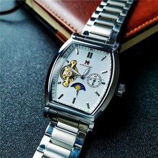 奧古拉斯自動手錶男，鏤空夜光防水月相陀飛輪機械錶，酒桶型商務休閒男錶, 本色白面 鋼帶款, 1個