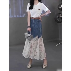 청 프렌치 레트로 청치마 레이스 롱 레이어드 데님 레이스여성 스커트