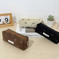 모든 리본 패턴 코듀로이 필통 데일리 골덴 대용량 지퍼 파우치 학생 신학기 감성템, 1개, 블랙