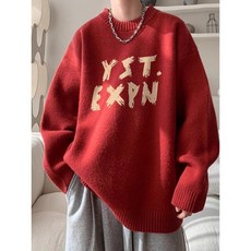 港風復古紅色圓領毛衣男秋冬季潮牌寬鬆百搭慵懶風針織衫情侶外套