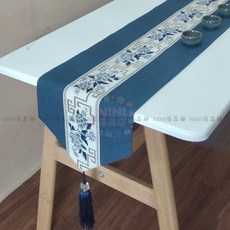 【開發票/統編】中式禪意桌旗 新中式茶席 茶藝桌布 茶台 茶几電視櫃 長條布 棉麻茶布 高級 復古桌旗 個性桌布 389990, 亮藍底青花,120x32cm, 1個
