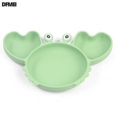 DFMEI 螃蟹卡通雙色硅膠餐盤 強力吸盤碗 嬰幼兒餐盤套裝 兒童硅膠餐盤, 1個, 螃蟹餐盤+硅膠勺叉